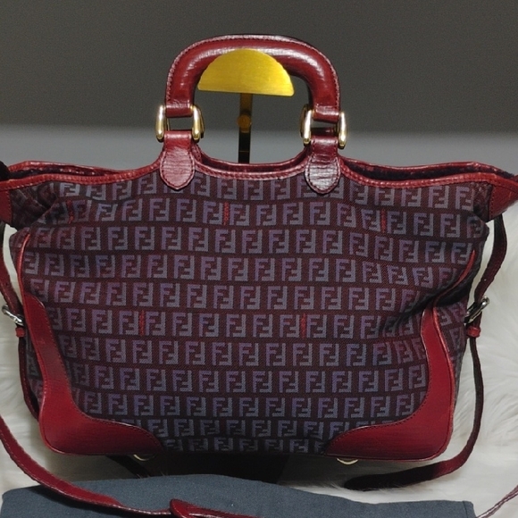 SALE! Fendi Zucchino Canvas Leather Purple/Red Color Combination 2Way & Dust Bag - Picture 3 of 16